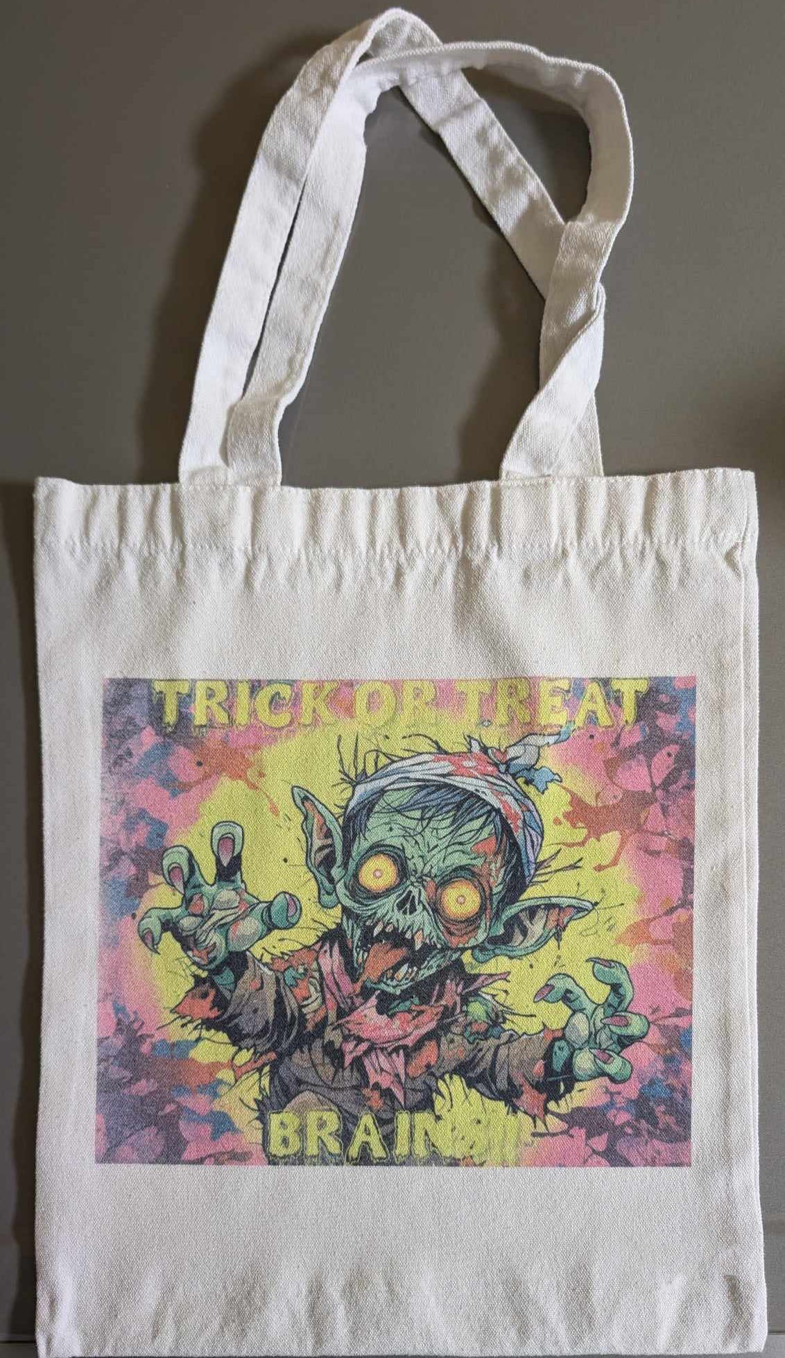 “Trick or Treat – Brains” Zombie Canvas Tote Bag