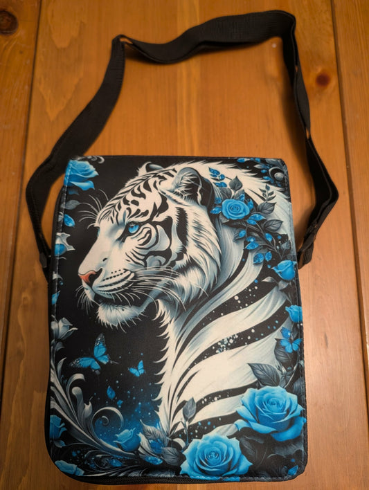 White Tiger & Blue Roses Crossbody Bag
